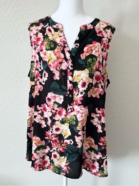 Adrianna Papell Black Floral Sleeveless Blouse Top